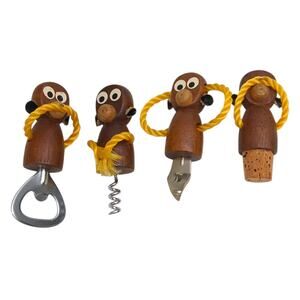 4 Wise Monkeys Wood Wine Set Stopper Corkscrew Bottle & Can Opener MCM Vintage